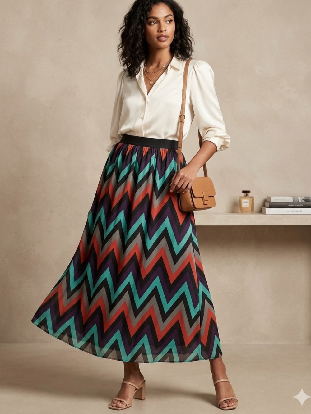 Western Chevron Maxi Long Skirt Lined Coastal Boho-Chic Southwest Native Small